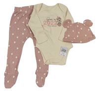 3 set - Béžové body s nápisom a Minnie + staroružové polodupky + čapica George