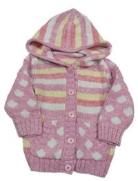 Ružovo-bielo-žltý pruhovaný/puntíkatý prepínaci sveter s kapucňou Nutmeg