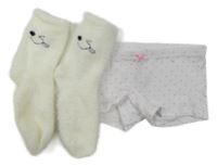 2 set - smetanové chlupaté ponožky + bílé puntíkaté nohavičkové kalhotky 