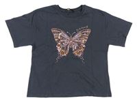 Antracitové tričko s motýlom s flitrami George