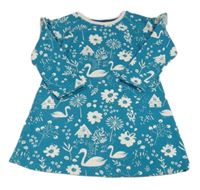 Zelenomodré kvetované teplákové šaty s labuťami  Miniclub