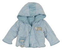 Světlemodro-biela pruhovaná zamatová zateplená prepínaci mikina so zvieratkami a kapucňou