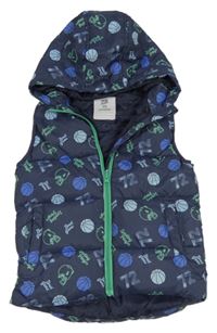 Tmavomodrá šusťáková vzorovaná zateplená vesta s míči a kapucí Kiki&Koko