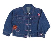 Tmavomodro-ružová rifľová crop bunda s kvetmi