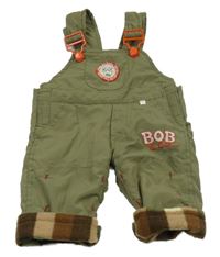 Khaki šusťákové laclové kalhoty s výšivkou 