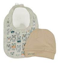2set - svetloružová čepice + biely podbradník s medvedíkmi