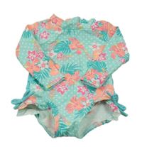 Tyrkysovo-růžový puntíkatý květovaný UV overal 