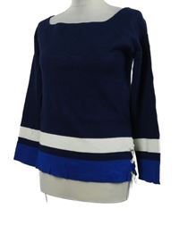 Dámský tmavomodro-modro-bílý svetr s pruhy a šněrováním 