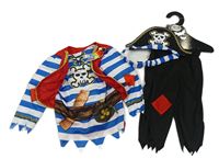 3set- Modro-biele pruhované tričko s lebkou a vestou+ čierne kalhoty+ čelenka s lebkou