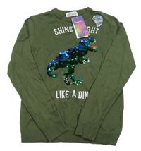 Nová- Khaki svetr s dinosaurem z flitrů H&M
