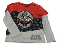 Červeno-černo-šedé triko se Super Mario z flitrů 