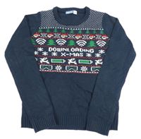 Tmavomodrý blikající sveter s vánočním motívom Peppets