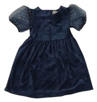 Tmavomodré plyšové šaty s hvězdami a organzovými rukávy Primark