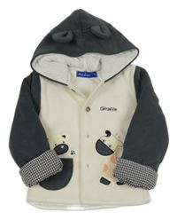 Smetanovo-tmavošedý fleecový zateplený kabátek so zvířaty a kapucňou