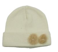 Bílo-béžová čepice s bambulemi a kamínky 