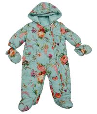 Světlemodro-květovaná šusťáková zimní kombinéza s kapucí - rukavice Next