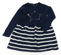 Tmavomodro-pruhované pletené šaty s hvězdou z flitrů Blue seven