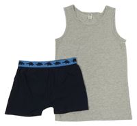 2set - tmavomodré boxerky s dinosaury + šedý nátělník Yigga