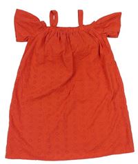 Červené plátenné šaty s výšivkou a volnými rameny Primark
