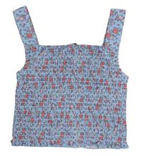 Světlemodrý žabičkový crop top s kytičkami 