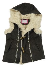 Kávová koženková zateplená vesta s kapucňou