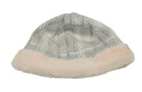 Sivo-ružovo-biela pletená podšitá čapica s kožúškom