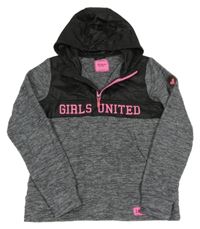 Šedo-černá fleecovo/šusťáková mikina s nápisem a kapucí 