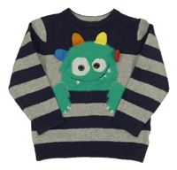 Tmavomodro-sivý pruhovaný sveter s príšerkou F&F