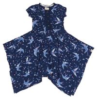 Tmavomodré kvietkovane bavlnené šaty s vtáčky a cípy Mantaray