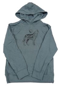 Modrošedá mikina s vlkem a kapucňou
