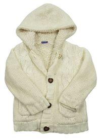 Smotanový pletený prepínaci zateplený sveter so vzorom a kapucňou lupilu