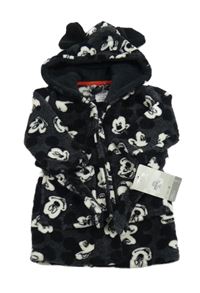 Nové - tmavošedo-černý melírovaný plyšový župan s Mickey a kapucí PRIMARK