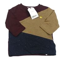 Nové - tmavovínovo-hnědo-tmavomodré melírované triko s dinosaurem Next