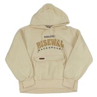 Smotanová tepláková mikina s nápismi a vreckom a kapucňou