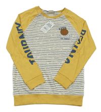 Nové - smetanovo-modrošedo-okrové pruhované mikinotriko s nášivkou a nápismi little kids