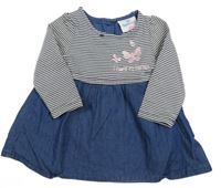 Tmavomodro-bielo-modré šaty s motýlikmi a nápisom a pruhmi Topomini