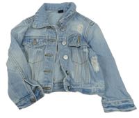 Svetlomodrá rifľová crop bunda s vyšúchaním a golierikom SHEIN