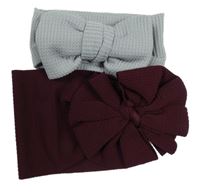 2x - Čelenka s mašlí - Šedá žebrovaná, tmavovínová vzorovaná