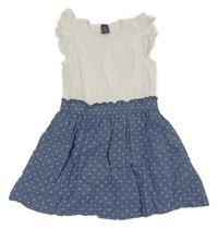 Bielo-modré melírované bavlněno/riflové šaty s vreckom a bodkami a volánikmi little kids