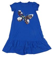 Královsky modré šaty s motýlkem z překlápěcích flitrů a volánikom JAKO-O