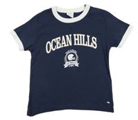 Tmavomodro-biele crop tričko s nápisom a helmou ZARA