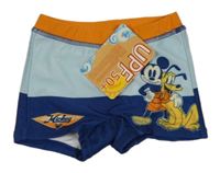 Nové - světlemodro-tmavomodro-oranžové nohavičkové plavky s Mickey a Plutem Disney