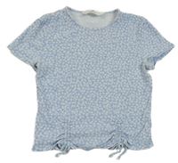 Modro-bílé kytičkované žebrované crop tričko s nařasením a mašlemi H&M