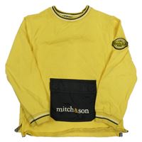 Žltá mikina s vreckom s logom a nášivkou a pruhmi mitch&son