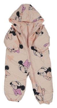 Světlerůžová šusťáková zimní kombinéza s Minnie a srdíčky a kapucí Disney