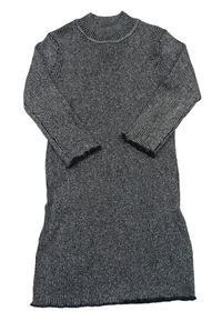 Čierno-strieborné trblietavé rebrované svetrové šaty so stojačikom