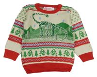 Krémovo-zeleno-červený vzorovaný sveter s kostrou dinosaura