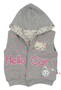 Nové - Sivá melírovaná bodkovaná ý tepláková zateplená vesta s mačkou a kapucňou