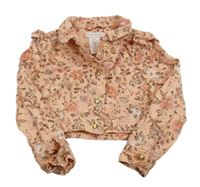 Ružová kvetovaná plátenná crop bunda s volánikmi