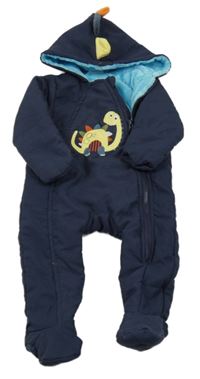 Tmavomodrá šusťáková zateplená kombinéza s dinosaurem a kapucí M&Co.